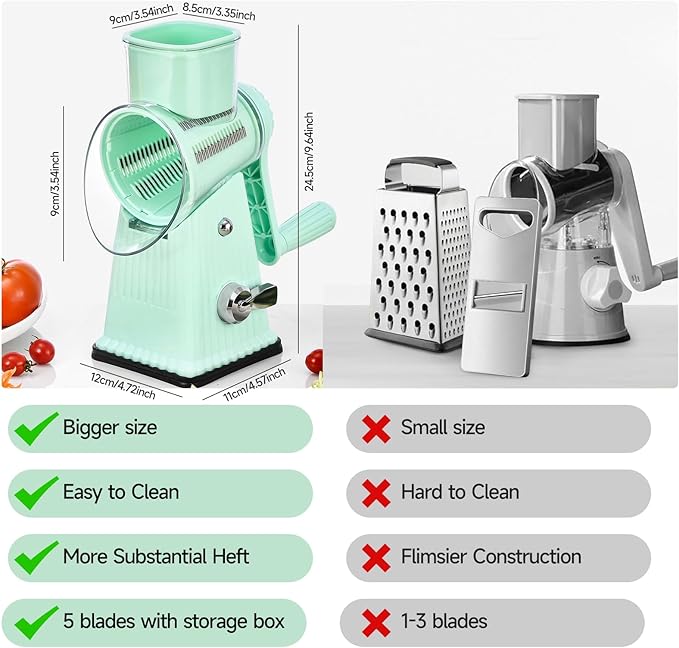 Xilrvna Rotary CheeseGrater, Vegetable Shredder 5 in 1 CheeseGraterwithHandleedderReinforcedSuction,EasytoClean,KitchenChopperforCrushed Ice,Fruits and Nuts with Blade Storage Case（Green）