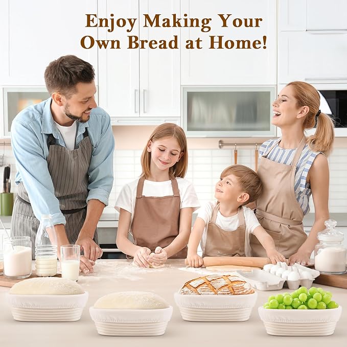 10 Inch Bread Banneton Proofing Basket Set of 4 Oval Sourdough Bread Baking Supplies Rattan Banneton Dough Proofing Bowls with Liners Sourdough Starter Kit for Home Dough Making and Baking