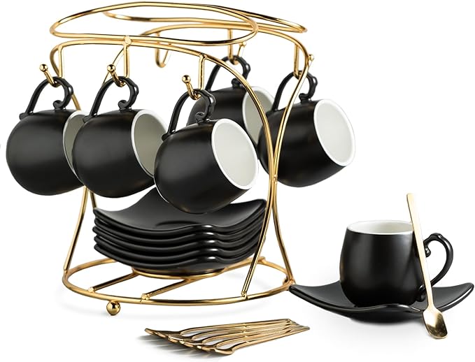 LYEOBOH Espresso Cups with Saucers Set, 3 Ounces Porcelain Coffee Cups with Metal Stand and Spoons, Cappuccino Cups Cute Demitasse Cups for Coffee Drinks, Latte, Tea Set of 6, Black