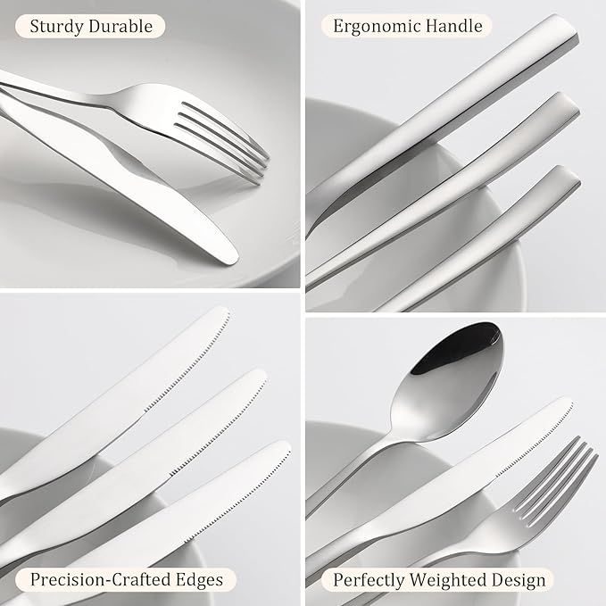 Silverware Set, Heavy Duty Mirror Polished Stainless Steel Flatware Set Modern Kitchen Utensils Set Rust-Proof Dishwasher Safe Knife Spoon Fork for Wedding Housewarming (60-Piece)