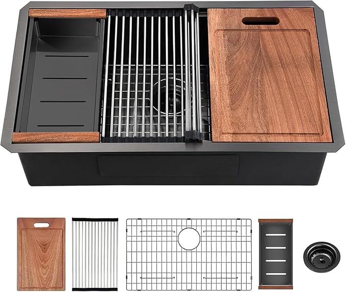 30 inch Black Undermount Kitchen Sink, Stainless Steel Undermount Workstation Sink 16 Gauge Handmade Single Bowl Kitchen Sinks R10 Round Corner with Ledge and Accessories (Pack of 5)