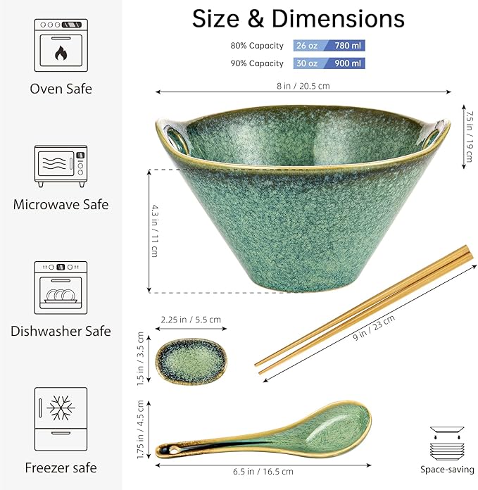 HENXFEN LEAD Japanese Ramen Noodle Bowl Set of 2-30 Oz Large Porcelain Salad Bowls with Chopsticks, Soup Spoons and Rests, Kitchen Serving Dishes for Pho, Udon