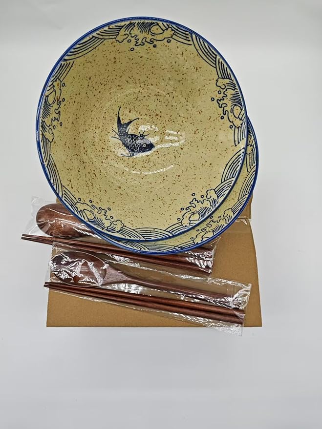 2 x 40 OZ ceramic ramen bowls, 8 IN large Japanese noodle soup bowl, match chopsticks and spoons, suitable for Pho, Udon Asian noodles (Japanese fish 2 set)