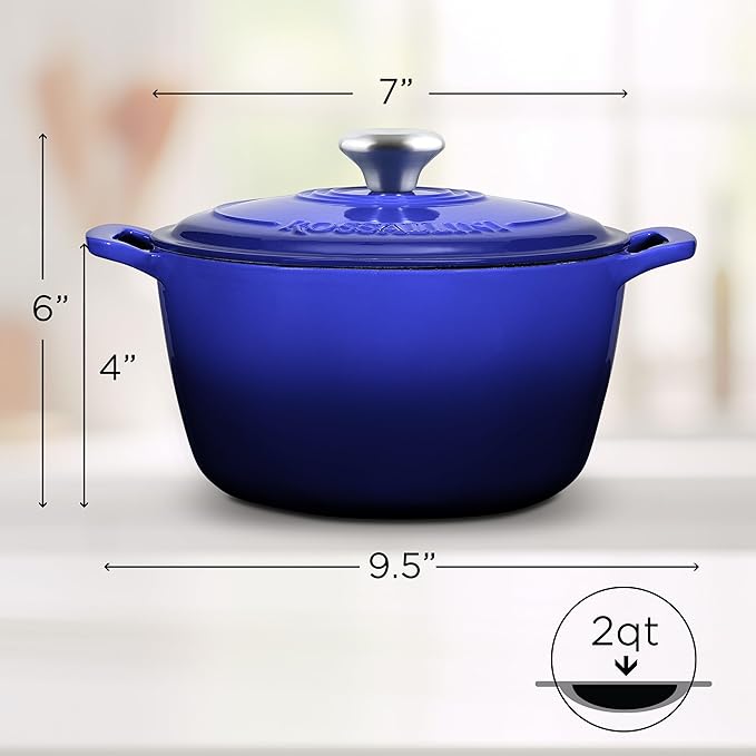 Signature Enameled Cast Iron Dutch Oven, Non-Stick Serving Pot with Tight Fitting Lid for Perfect Roasting, Baking, Sauteing, and Bread Making | 2Q (1.9L) - Indigo Blue