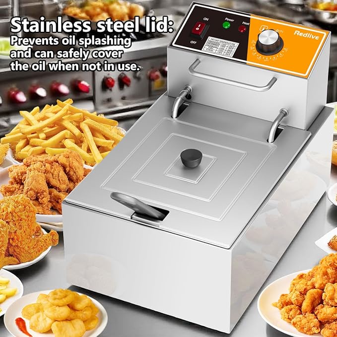 Electric Deep Fryer 10L/10.5QT Stainless Steel Single Tank Commercial Fryer with Basket, 1700W 110V Countertop Deep Fryer for Home Kitchen and Restaurant Use with Oil Thermometer & Temperature Control