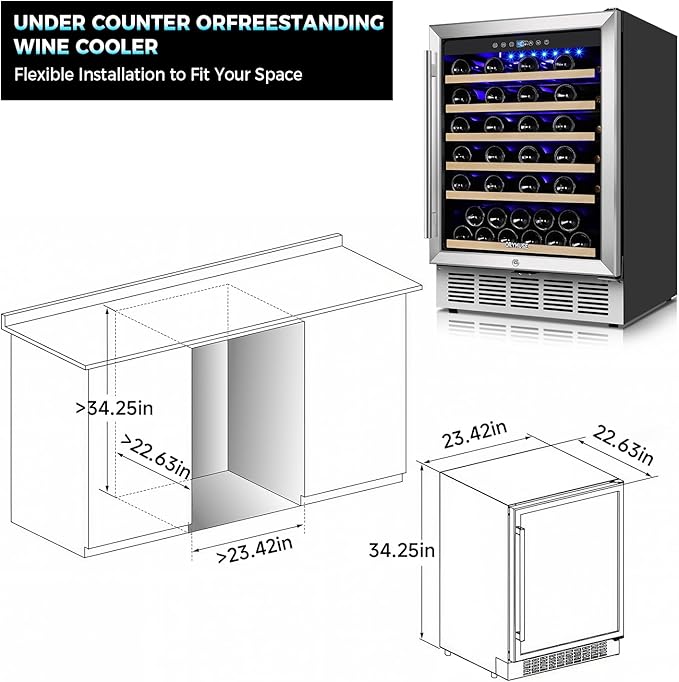 24 Inch Wine Fridge, 54 Bottle Wine Cooler Refrigerator with Stainless Steel Glass Door, LED Display, Upgraded Compressor, Built-In or Freestanding for Home Bar Kitchen