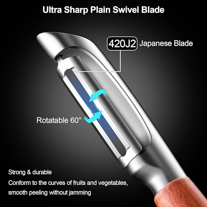 Vegetable Peeler Stainless Steel, Premium Potato Peelers for Kitchen, Ultra Sharp Rotary Blade Fruit & Veggie Peeler, Apple Peeler, I Shaped Peeler Real Wood Non-Slip Handle（5 Years Warranty）