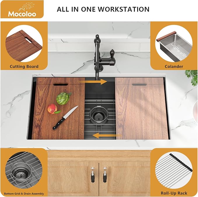Mocoloo Black Undermount Kitchen Sink - 30x19 Kitchen Workstation Sink 16 Gauge Black Stainless Steel Single Bowl Handmade 30 Inch Undermount Ledge Workstation with Single Track