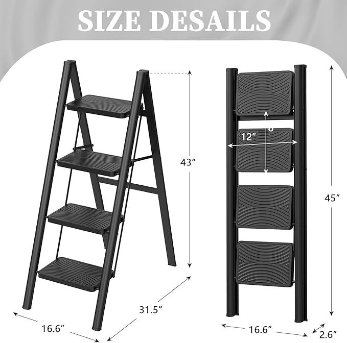 HBTower Step Ladder, 4 Step Ladder Folding Step Stool, Portable Sturdy Steel Ladder for Adults Home Outdoor Kitchen Garage,Black