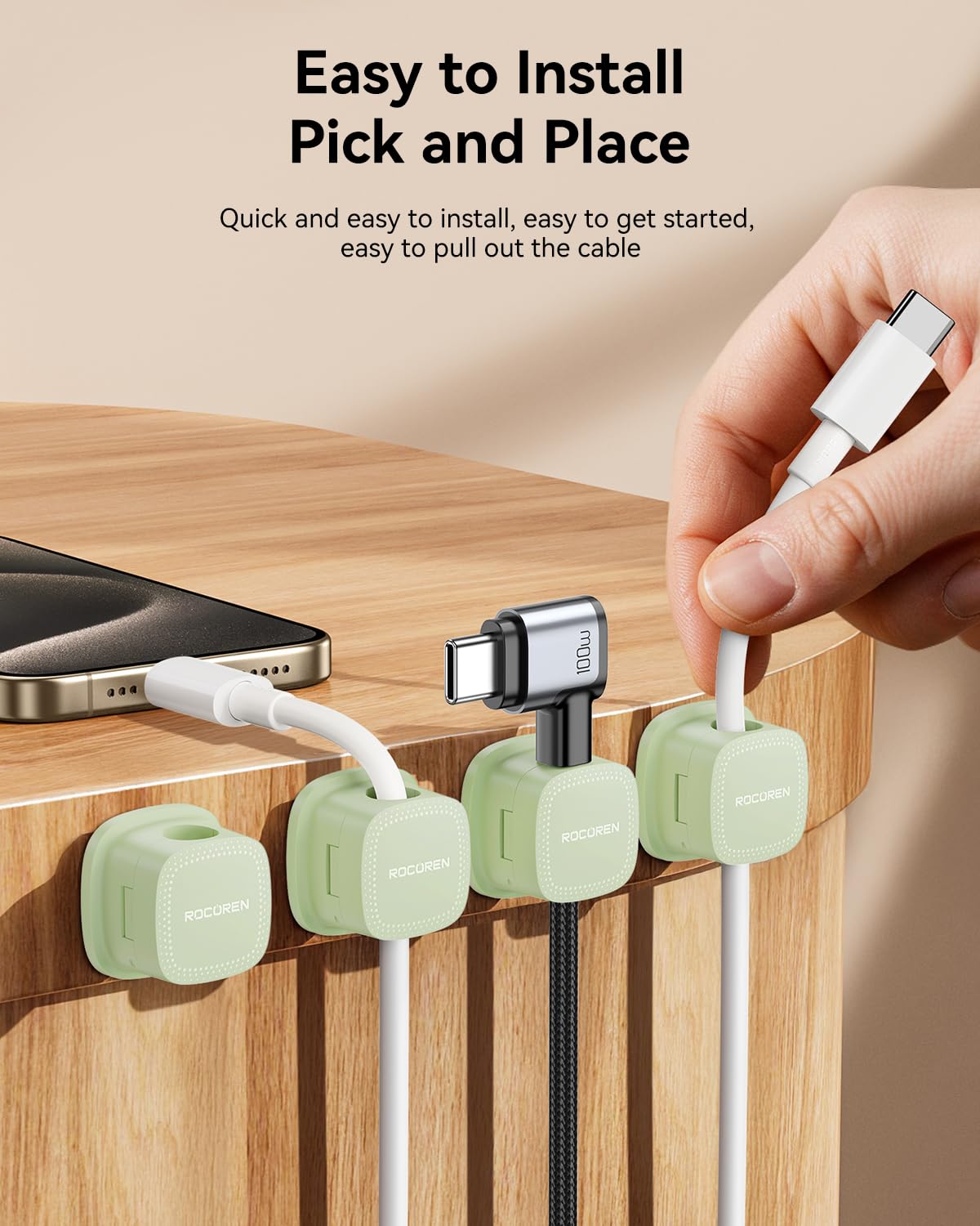 6 Pack Cable Management Cord Organizer, Magnetic Cable Clips-1s Lock, Rocoren Desk Adhesive Cord Cable Clip Wire Holder Keeper for Phone Charger Wire, Nightstand, Car, Office, Desktop Accessory, Green