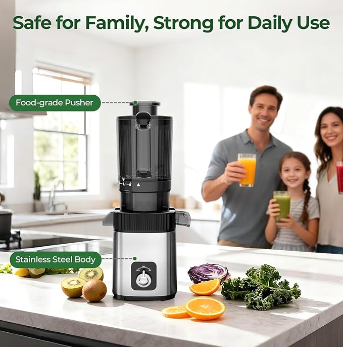 Cold Press Juicer Machine, 4.4" Wide Feed Chute, Slow Masticating Juicer for Whole Vegetables & Fruits, High Juice Yield, Easy to Clean & Assemble, One-Touch Knob Control