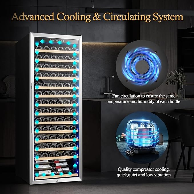 BODEGA 24 Inch Wine Cooler, 154 Bottle Refrigerator, Freestanding Wine Fridge with Intelligent Temperature Memory & Humidity Control, Upgraded Compressor, Quiet Operation