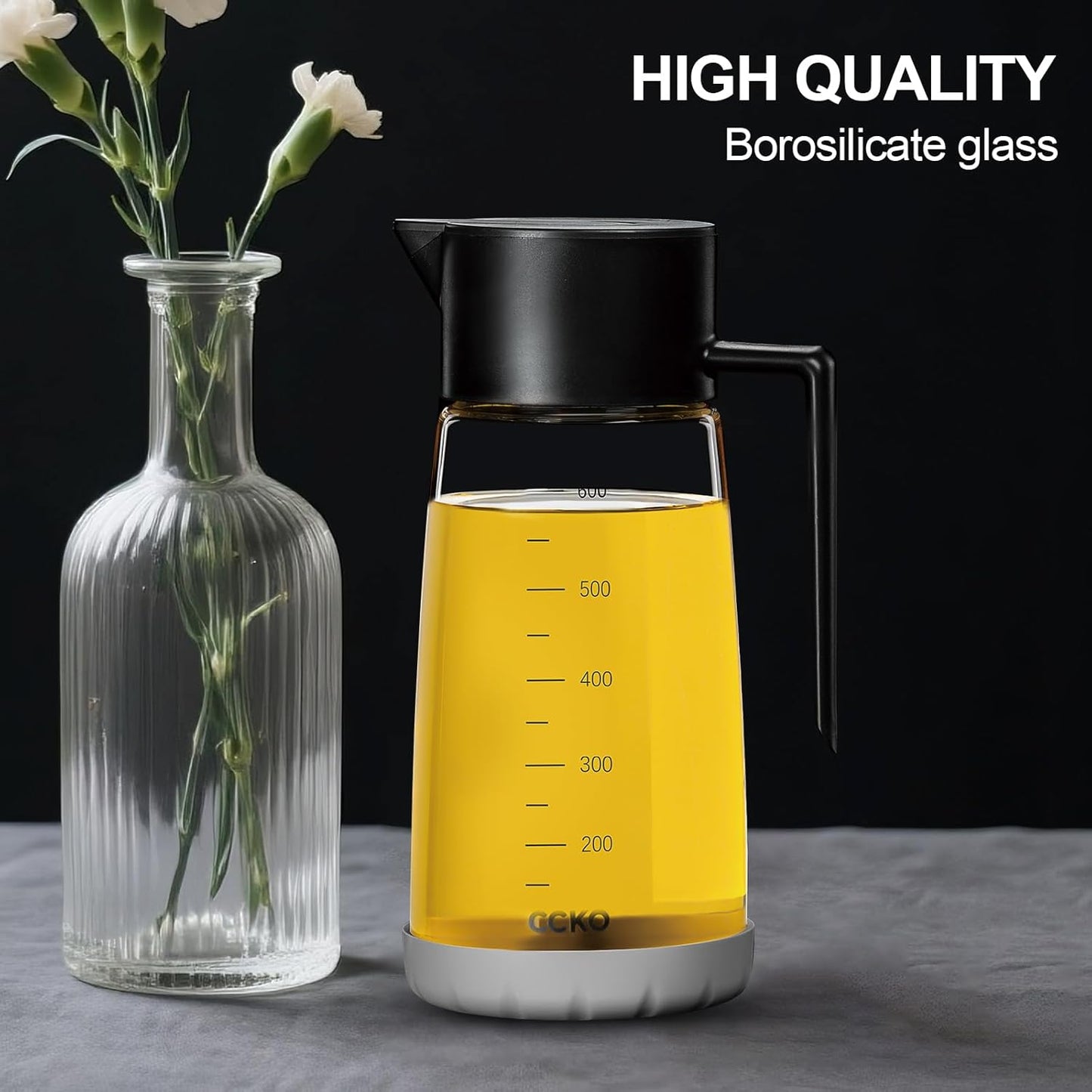 Olive Oil Dispenser Bottle for Kitchen with Leakproof and Dust Cover, Auto-Open & Close Glass Olive Oil Bottle with Non-Slip Bottom 600ml Cooking Oil and Vinegar Cruet Dispenser (Yellow)