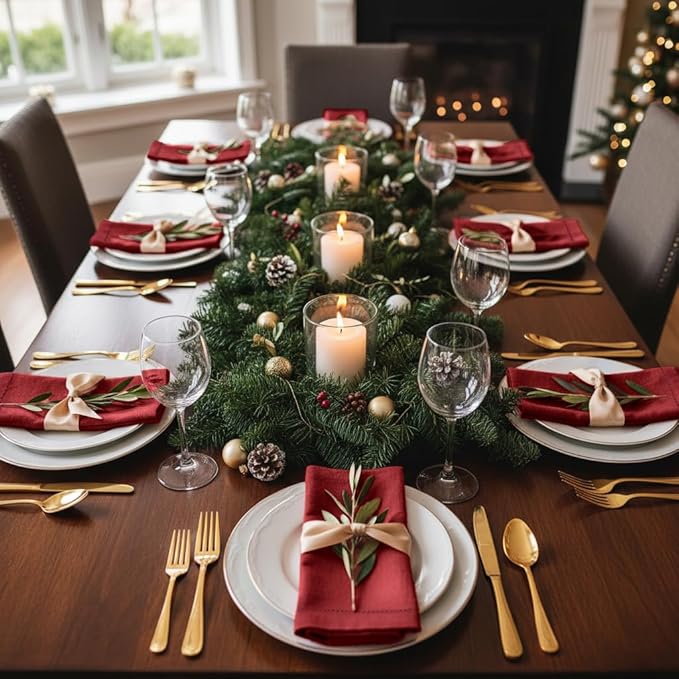 D'Moksha Homes Red Linen Napkins Set of 4 - Classic Hemstitch 100% Pure Linen Hemstitch Dinner Napkins 20 x 20 Inch for Fall, Thanksgiving, Christmas, Holiday - Handcrafted and Machine Washable