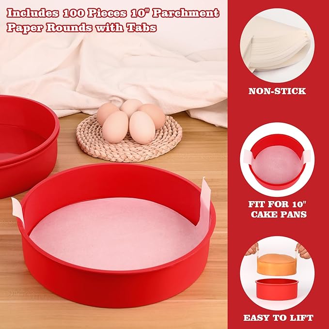 HUAKENER 10 Inch Round Cake Pan, 3 Pack Silicone Cake Molds with 100 Pieces Parchment Paper, Nonstick Cake Molds for Birthday Cakes, Layer Cakes, Cheese Caks, Chocolate Cakes