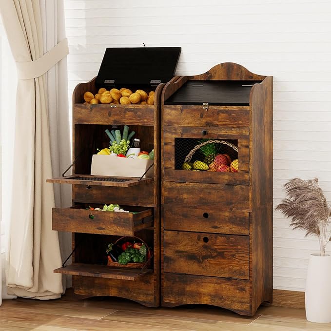 ARTETHYS Potato and Onion Storage Bin with Wheels Movable Bread Box with Lid Rustic Vegetable Organization Cabinet for Kitchen