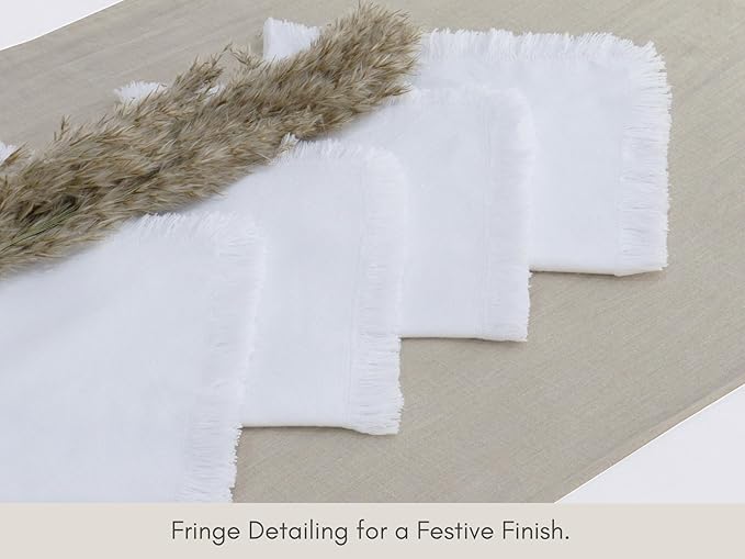 PurpleEssences Cloth Napkins with Fringes, 100% Cotton Christmas Holiday Winter Table Decor, Set of 6 18x18 Inch Reusable Dinner Napkins for Parties and Weddings - White