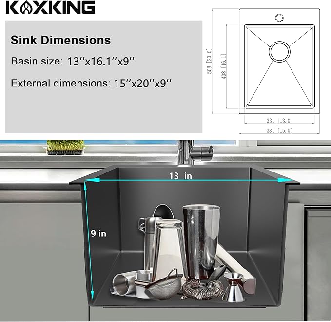 15x20 Inch Black Drop In Bar Sink, 18 Gauge T-304 Stainless Steel Single Bowl Topmount Sink with Grid & Drain, Black for Home/RV/Office
