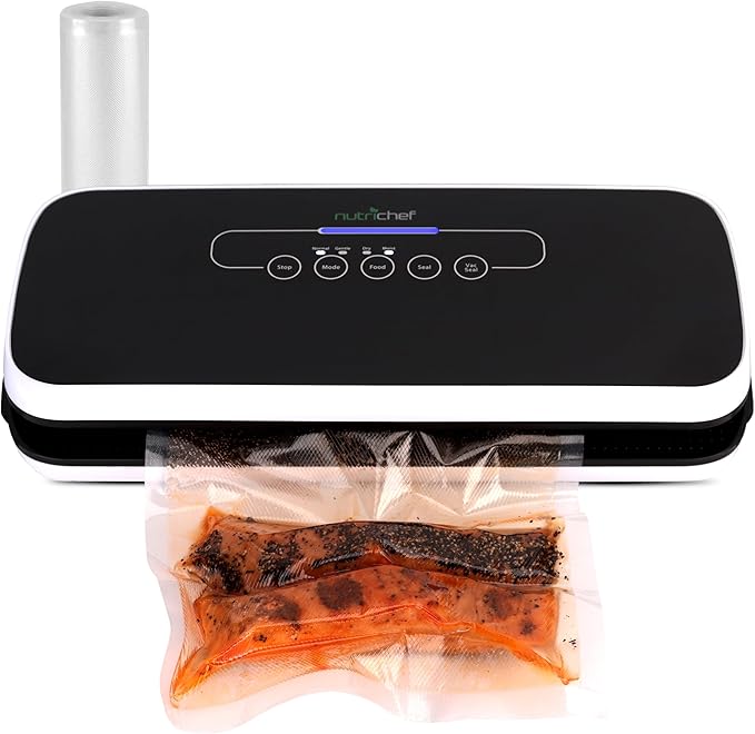 NutriChef Automatic Food Vacuum Sealer, Electric Air Sealing Preserver System for Dry and Moist Foods, LED Control, Strong Suction, Includes Bags, Wine Stopper Cork, and Air Suction Hose, 14”x6”x3”