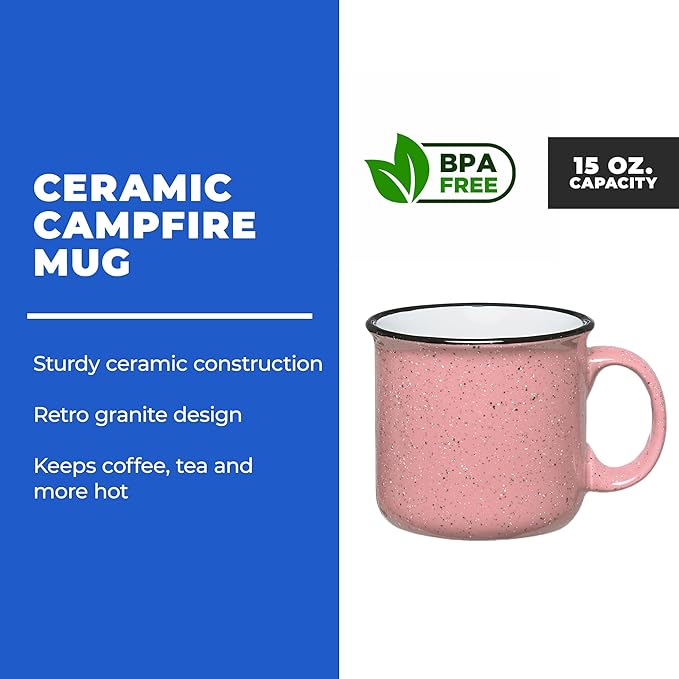 Set of 16 Ceramic Campfire Mugs – 15 Oz, Pink – Coffee & Tea Cups for Home, Work, Travel, Camping – Customizable, Great for DIY, Events, Companies