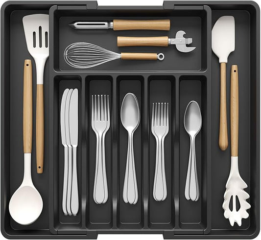 Lifewit Deep Silverware Drawer Organizer for Kitchen, Expandable Utensil Tray, Adjustable Flatware Cutlery Holder, Large Plastic Kitchen Storage for Spoons Forks Knives, 22.4 x 16.7 x 2 inches, Black