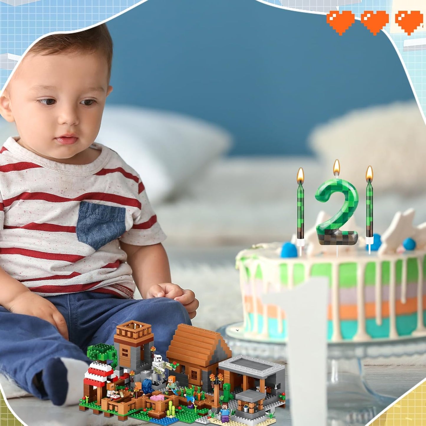 13 Pcs Dynamite Candles 12 TNT Themed Birthday Cake Candles and Number 2 Candle Cake Topper for Pixel Theme Birthday Party Anniversary Party Dynamite Theme Party Video Game Party Supplies (Number 2)