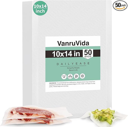 VanruVida Vacuum Sealer Bags, 50 Count 10” x 14”,BPA Free,Commercial Grade Textured PreCut Bag with Double Tear Notches, Perfect for Food Storage, Freezer, Meal Prep, or Sous Vide