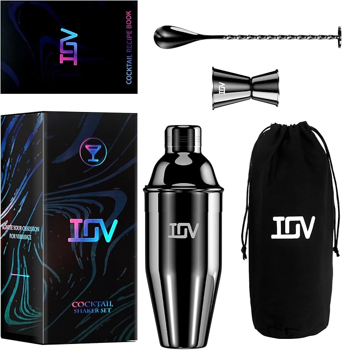 IOV Cocktail Shaker Bar Set, 24oz Martini Shaker with Built-in Strainer, Bar Tool Kit with Recipes Booklet, Professional Stainless Steel Large Bartender Drink Shaker Margarita Alcohol Mixer-Black
