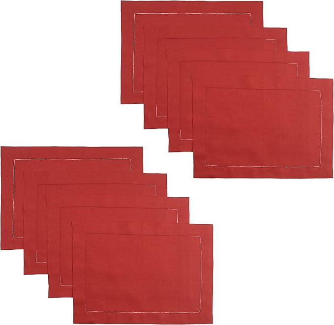D'Moksha Homes Linen Placemats Set of 4 - Classic Hemstitch Bright Red Placemats 14 x 19 Inch - 100% Pure Linen Table Mats for Fall, Autumn and Halloween - Handcrafted and Machine Washable