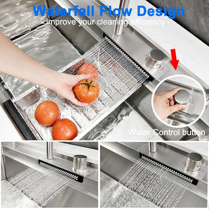 33 Inch Undermount Waterfall Kitchen Sink Workstation, 33x19 Undermount Kitchen Sink Stainless Steel Waterfall 16 Gauge Single Bowl Sinks and Faucet Combo