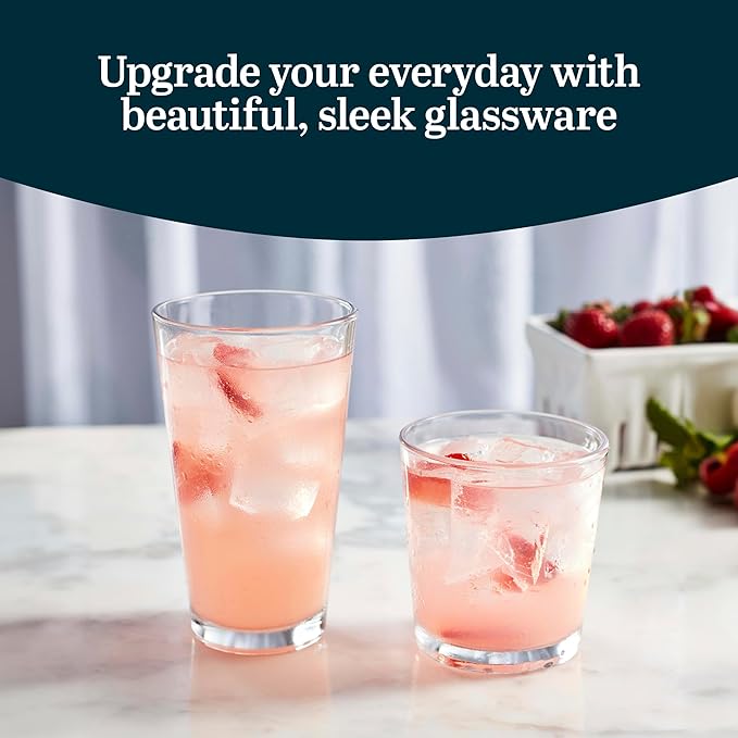 Libbey Flare Tumbler and Rocks Glasses Set, Stylish Lead-Free Drinking Glasses Set of 16, Versatile Dishwasher Safe Kitchen Glassware Set for Parties