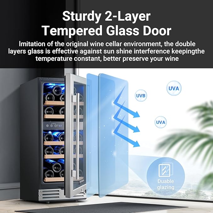 BODEGA 15 Inch Wine Cooler Under Counter, 30 Bottles Dual Zone Wine Fridge, with Double-Layer Glass Door, Temperature Memory and Digital Temperature Control, Built-in or Freestanding
