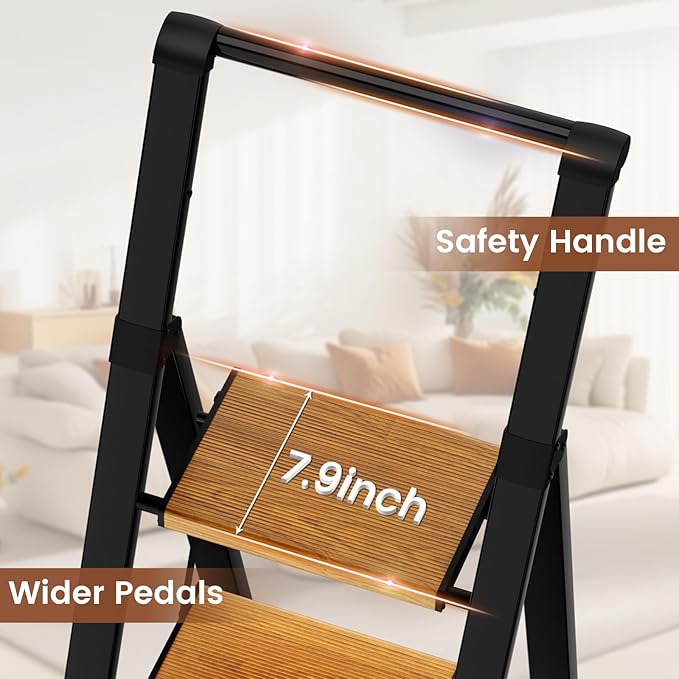 3 Step Ladder with Handrails, Portable Step Stool Foldable, Kitchen Step Stool for Adults 330 lbs, Lightweight Stepping Stool with Non-Slip Pedals, Aluminum Folding Stepladder for Home Garage