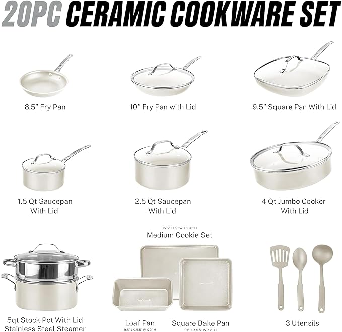 GOTHAM STEEL 20 Pc Ceramic Cookware Set Nonstick, Ceramic Pots and Pans Set Non Stick for Kitchen with Bakeware, Cooking Utensils & Steamer, Non Toxic PFOA PFOS Free, Oven & Dishwasher Safe