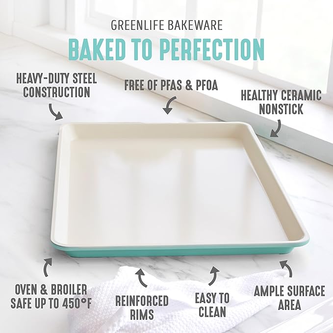 GreenLife Bakeware 18” x 13” Half Cookie Sheet Baking Pan, Non-Toxic PFAS-Free Healthy Ceramic Nonstick, Oven Safe to 450°F, Easy Release, Even Heating, Easy Clean, Turquoise