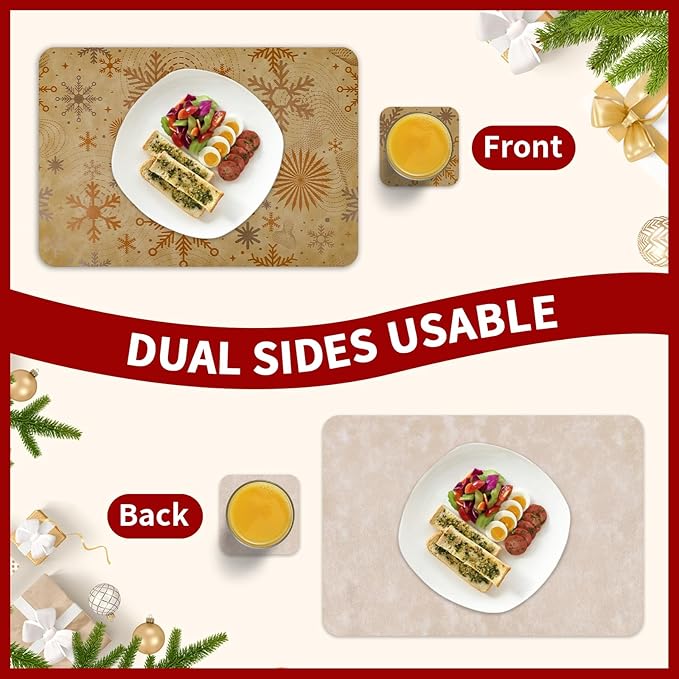 Le courant 16.9in 6PACK Christmas Snowflake Placemats with 6 Coasters, Reversible Faux Leather Easy Clean Waterproof Stain Resistant Place Mats, for Home Party Dining Holiday Table Decor