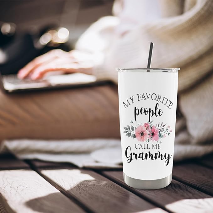 QASHWEY Grammy Gifts Coffee Tumbler - Mothers Day Travel Tumbler Coffee Mug Gifts for GrandmaGrammy, Grandma Gift, My Favorite People Call Me Grammy Stainless Steel Tumblers with Straw and Lid 20 oz
