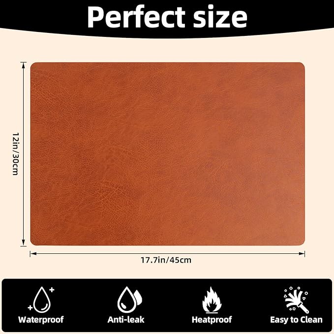 Vinyl Placemats Set of 6-12×17.7 Inch Waterproof & Heattable Placemats, Fall Faux Leather Wipeable Outdoor Table Mat for Dining, Kitchen, Indoor Outdoor Use(Camel, Cowhide Grain)