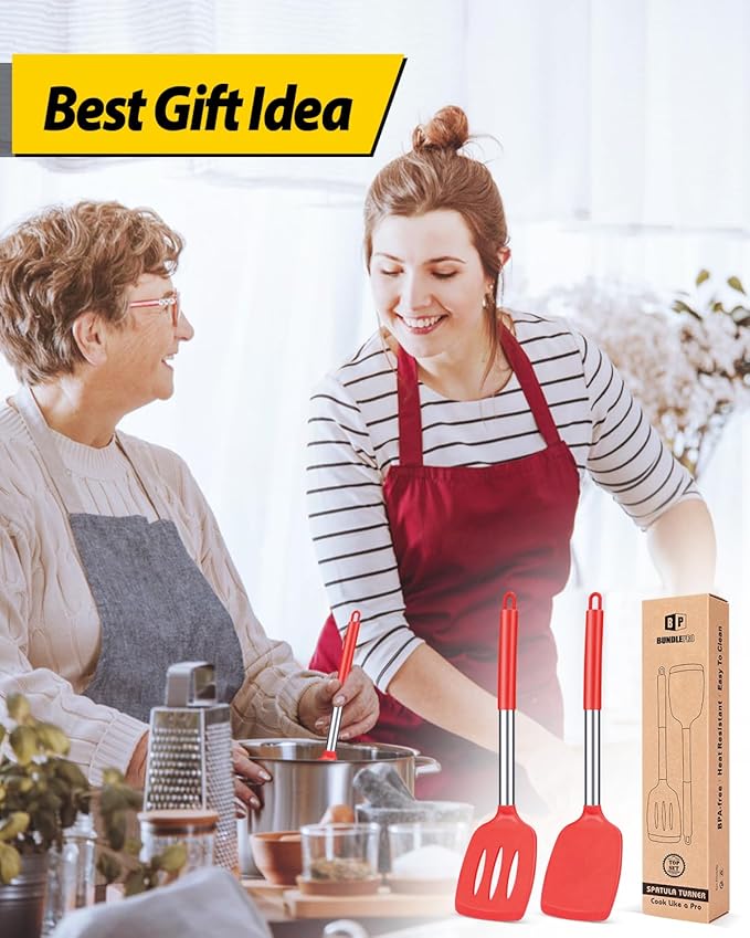 Pack of 2 Silicone Solid Turner, Non Stick Slotted Kitchen Spatulas, High Heat Resistant BPA Free Cooking Utensils, Ideal Cookware for Fish, Eggs, Pancakes(Red)