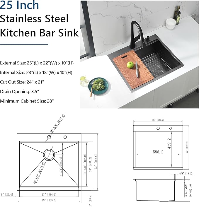25 Black Drop In Kitchen Sink, Doirteal 25 x 22 Inch Black Workstation Sink Topmount 16 Gauge Stainless Steel Single Bowl Kitchen Sinks BL17S-1