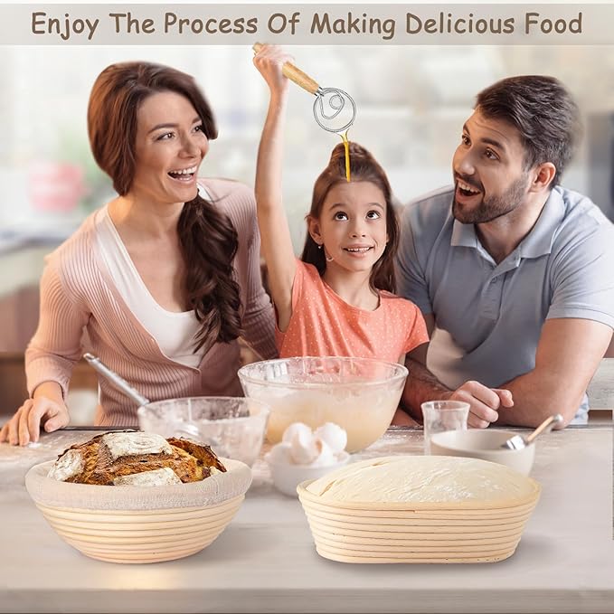 Banneton Bread Proofing Basket, Sourdough Bread Baking Supplies Kit, 10" Oval & 9" Round Banneton Baskets, Sourdough Basket Starter Set with Brush, Oil Can, Dough Whisk, Sling