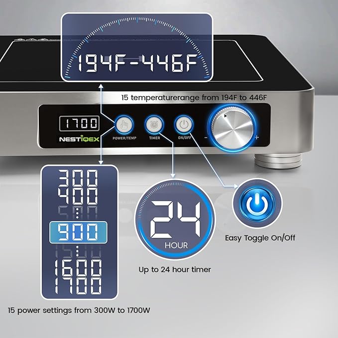 Induction Cooktop, Commercial Portable Electric Stove, 11.8-inch Heating Coil, Stainless Steel Countertop Burner With 24 Hours Timer, Powerful 1700W Professional Hot Plate For Cooking