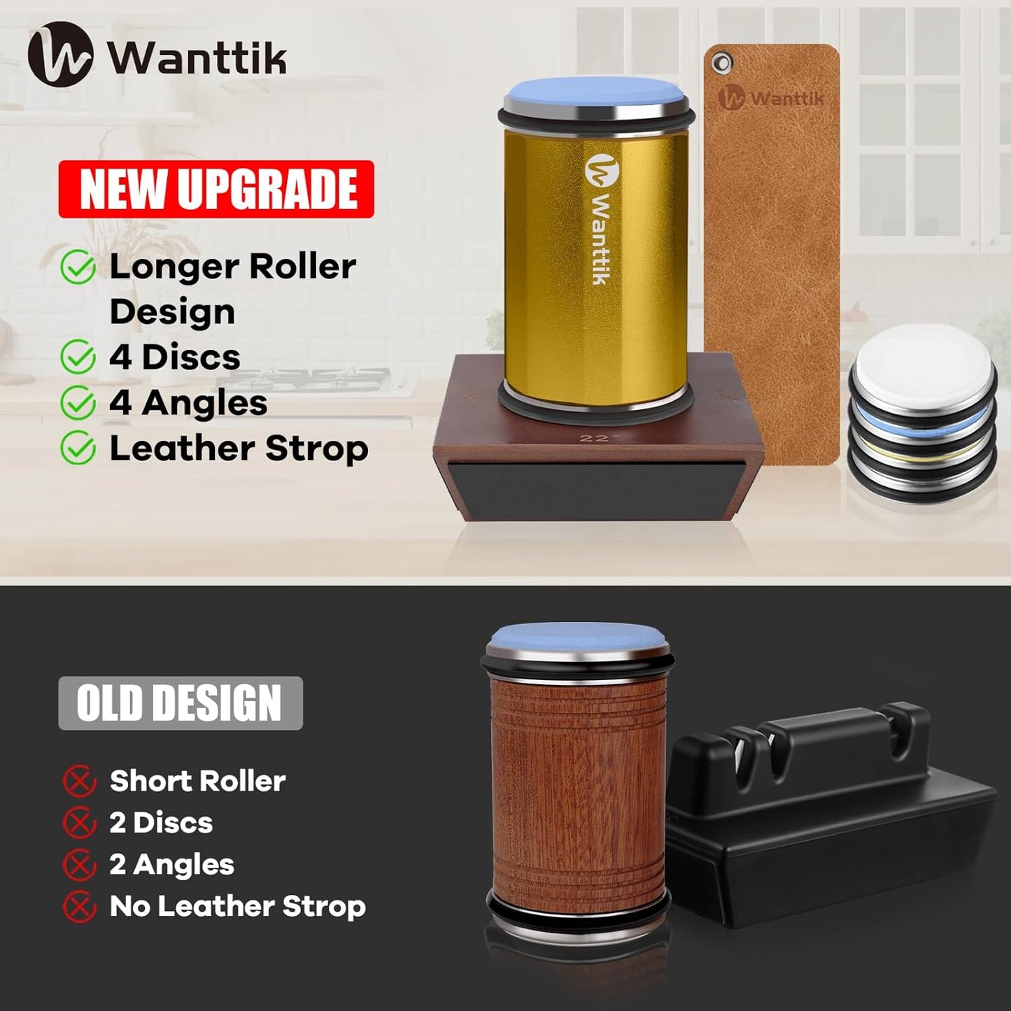 Rolling Knife Sharpener Kit, Upgraded Roller Knife Sharpener with Leather Strop for Kitchen Knives, 4-Disc Rolling Stone Sharpener with 15&18&20&22 Degree Sharpening, Gold