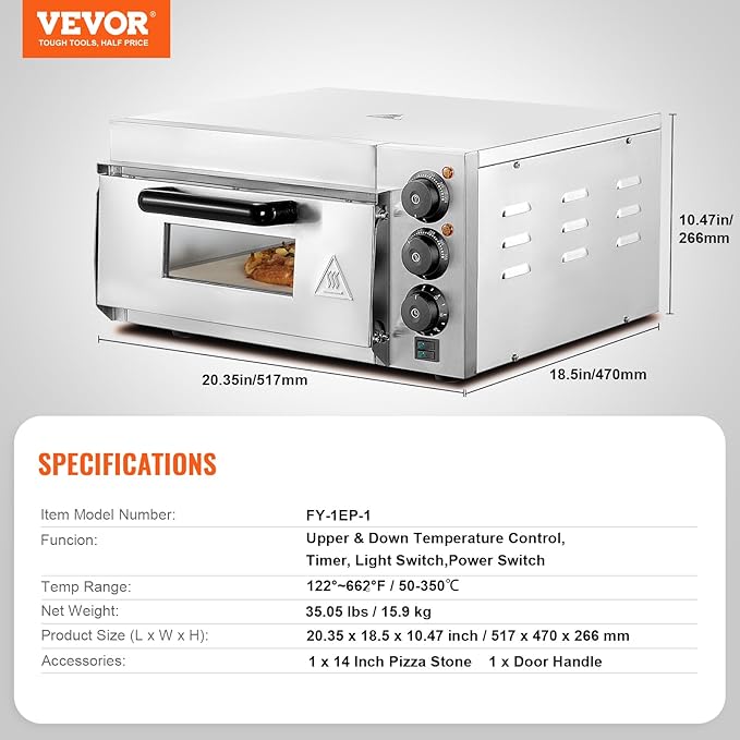 VEVOR Commercial Pizza Oven Countertop, 14" Single Deck Layer, Stainless Steel Electric Pizza Oven with Stone and Handle, Multipurpose Indoor Pizza Maker for Restaurant Home Pretzels Baked