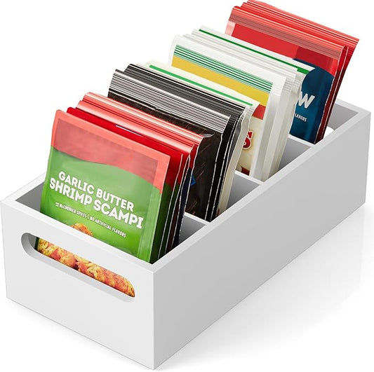 DRASTAR Pantry Organization and Storage Bins, Seasoning Packet Organizer with Removable Dividers,Wooden Storage Caddy for Kitchen, Pantry, Cabinet, Countertop, Black