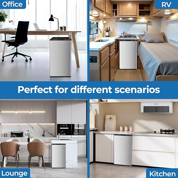 3.2 Cu.ft Mini Fridge with Freezer, Compact Refrigerator with Reversible Single Door, Adjustable Thermostat, Low Noise, Energy Efficient for Office, Dorm, Bedroom, Apartment