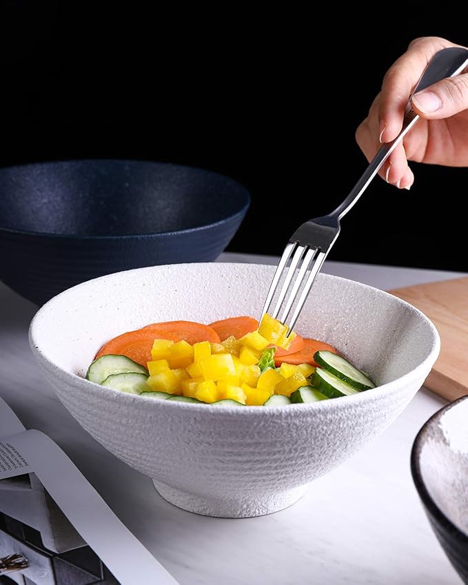 Kanwone Ceramic Japanese Ramen Bowl Set, Noodle Soup Bowls - 37 Ounce, with Matching Spoons and Chopsticks for Udon Soba Pho Asian Noodles, Set of 2, White