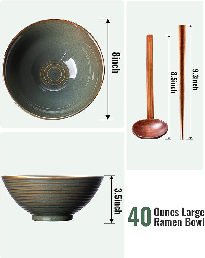 Large Japanese Ramen Bowl Set of 4, Material Safety Ceramic Ramen Bowls with Matching Chopsticks and Spoons, 8 Inch 40oz Pho Bowls Ramen Noodle Bowl for Asian Udon Soup Salad Cereal(Retro Cyan)