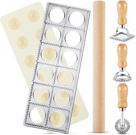 Geetery 5 Pcs Ravioli Mold Set 2 Inch Squares Ravioli Maker Cutter Include 1 Raviolis Maker Press 3 Pasta Cutter Stamp Makers 1 Wood Rolling Pin Pasta Making Tool for Home Kitchen Supplies (12 Holes)