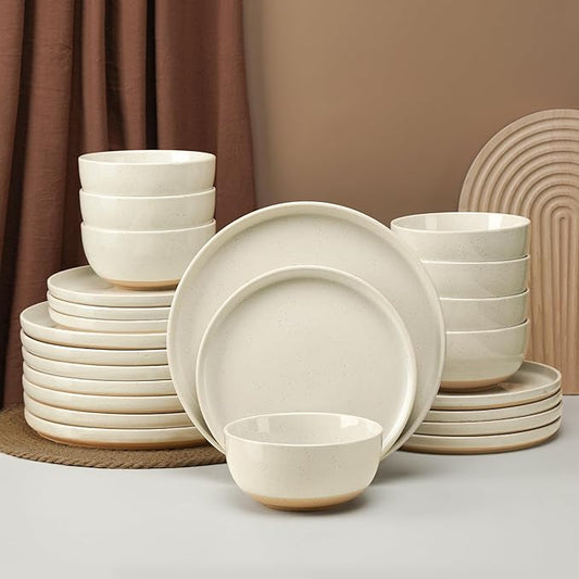 24 Pieces Farmhouse Stoneware Dinnerware Set for 8, Speckled Ceramic Plates and Bowls Set, Matte Terracotta Underside Ceramic Dish Set Scratch Resistant Microwave Dishwasher Safe (Amber Dusk)